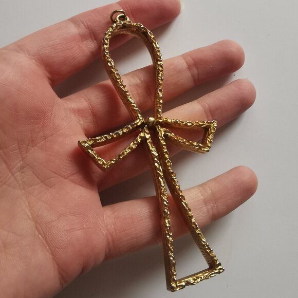 Egyptian Ankh Cross Gold-tone Vintage 4" Pendant Egypt Jewelry Finding Outline - Picture 3 of 6